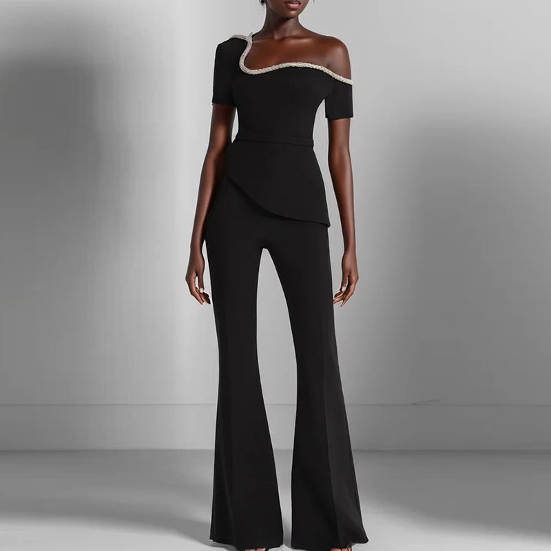 エレガントな夏のフレアパンツ遊び着セクシーな非対称スリムハイウエストジャンプスーツ 2024 新しい女性のファッション半袖パーティーロンパース