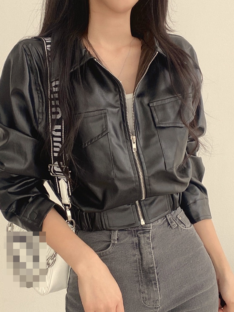 女性のプレミアムショート PU レザージャケットルーズフィットポロカラーアウター韓国スタイル秋冬痩身バイカーコート