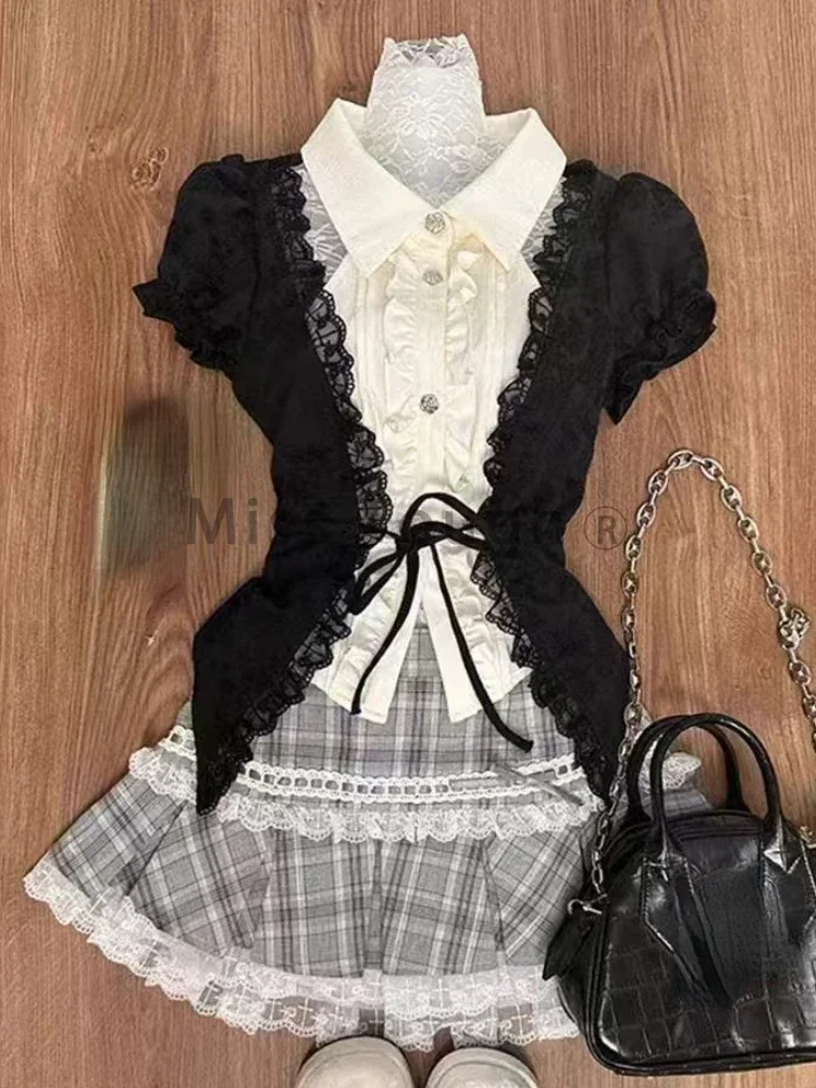 ファッション甘いスリム半袖 2 点セット女性デザインシックなラペルリボンパッチワークトップス + ハイウエスト薄いチェック柄ショートスカート新しい