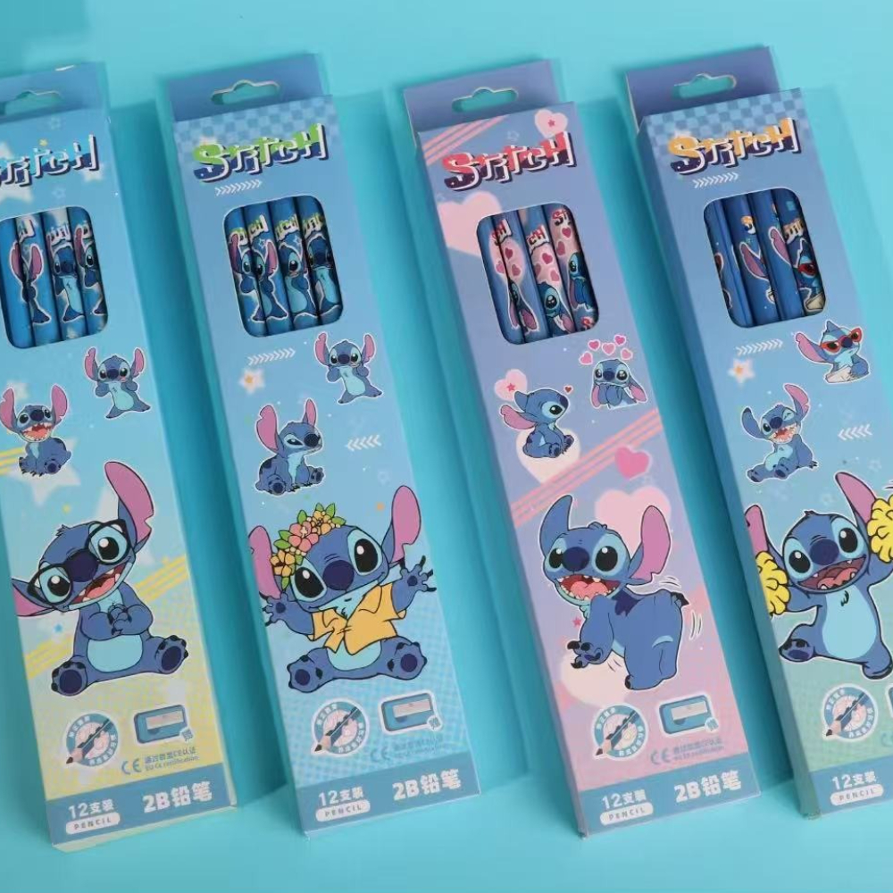 12 Uds. Lápiz de punto de dibujos animados de Disney, suministros escolares de goma para niños, lápices, rodillo de lápiz, lápices Hb, regalo de cumpleaños