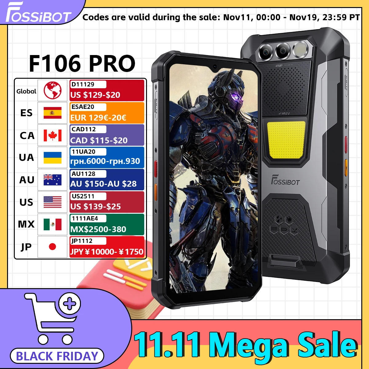 FOSSIBOT F106 PRO MTK G85 4G Android 14 15GB (8 + 7GB Estendido) 256GB ROM Smartphone Robusto Bateria 12000mAh 48MP Câmera NFC