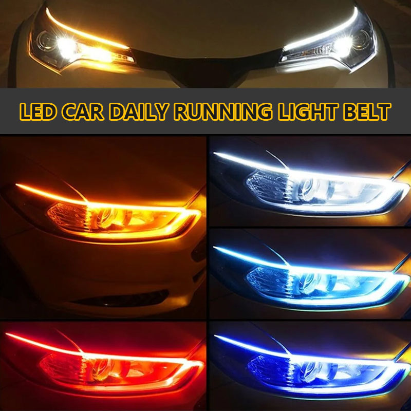 2 pièces LED DRL voiture feux de jour 12V Flexible étanche phare LED bande blanc clignotant jaune feux de débit de frein