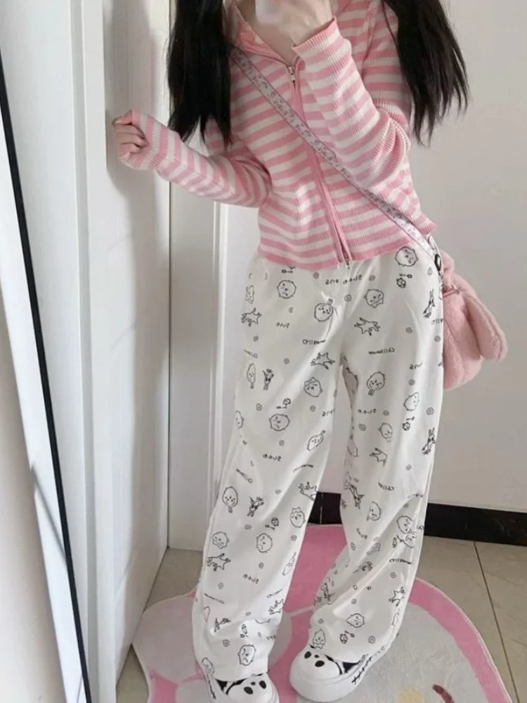 HOUZHOU Y2k かわいい甘いハイストレートパンツ女性和風原宿かわいい漫画プリントルーズズボンソフトガール 2024