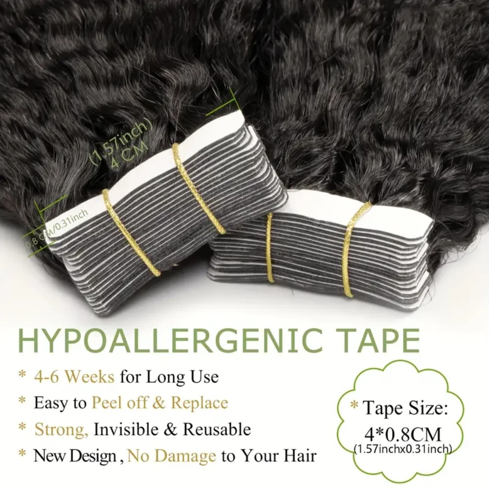 Verworrene gerade unsichtbare Tape-In-Extensions aus 100 % Echthaar, 40,6–66 cm, Hautschuss, natürliches Schwarz, 100 % Remy-Haarkleber, 20 Stück/Packung