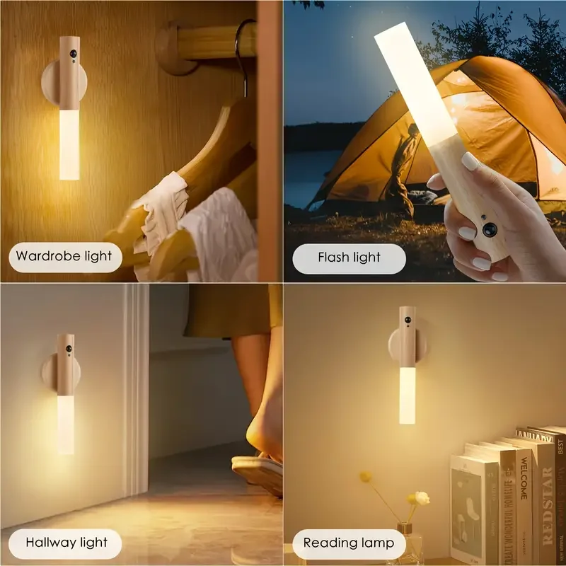 Smart Motion Sensor Night Light LED โคมไฟติดผนังแม่เหล็กแบบชาร์จไฟได้แบบพกพาสําหรับห้องโถงห้องนอนบันไดห้องน้ําตู้ตกแต่ง