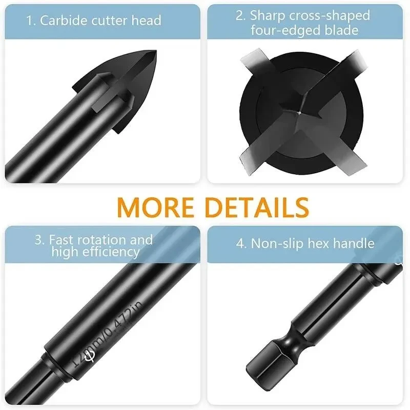 6 Pcs/Set Cemented Carbide Cross Hex Drill Bits Set,Professional Glass and Tile Drill Bits,Efficient Universal Drilling Tool