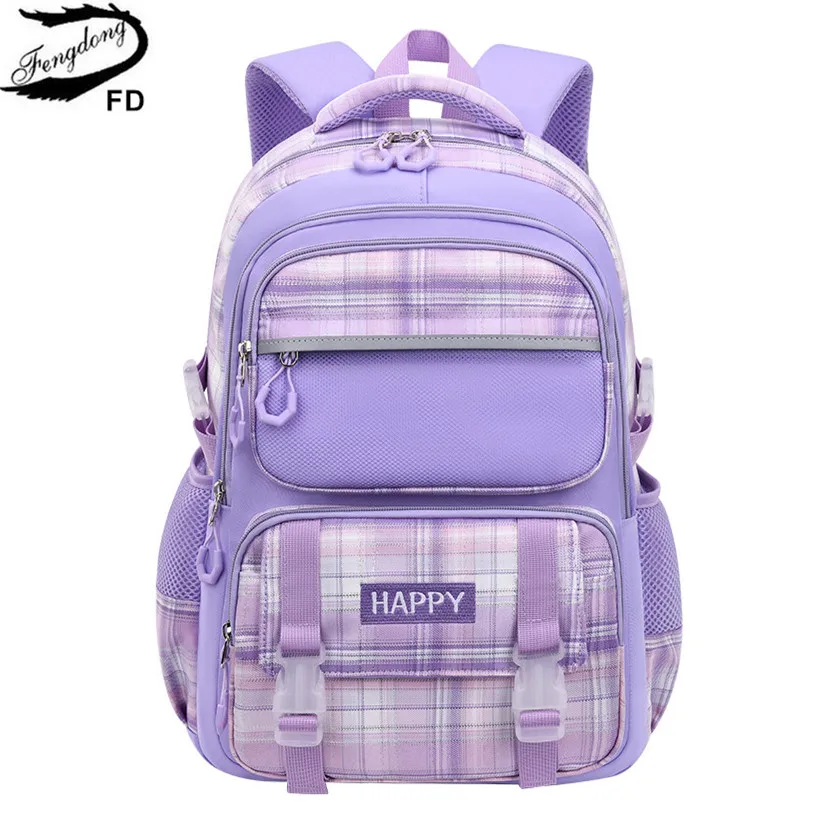 Mochilas escolares moradas para niños, bolsa de libros a cuadros, mochilas escolares impermeables rosas para niñas, mochila de gran capacidad con muchos bolsillos