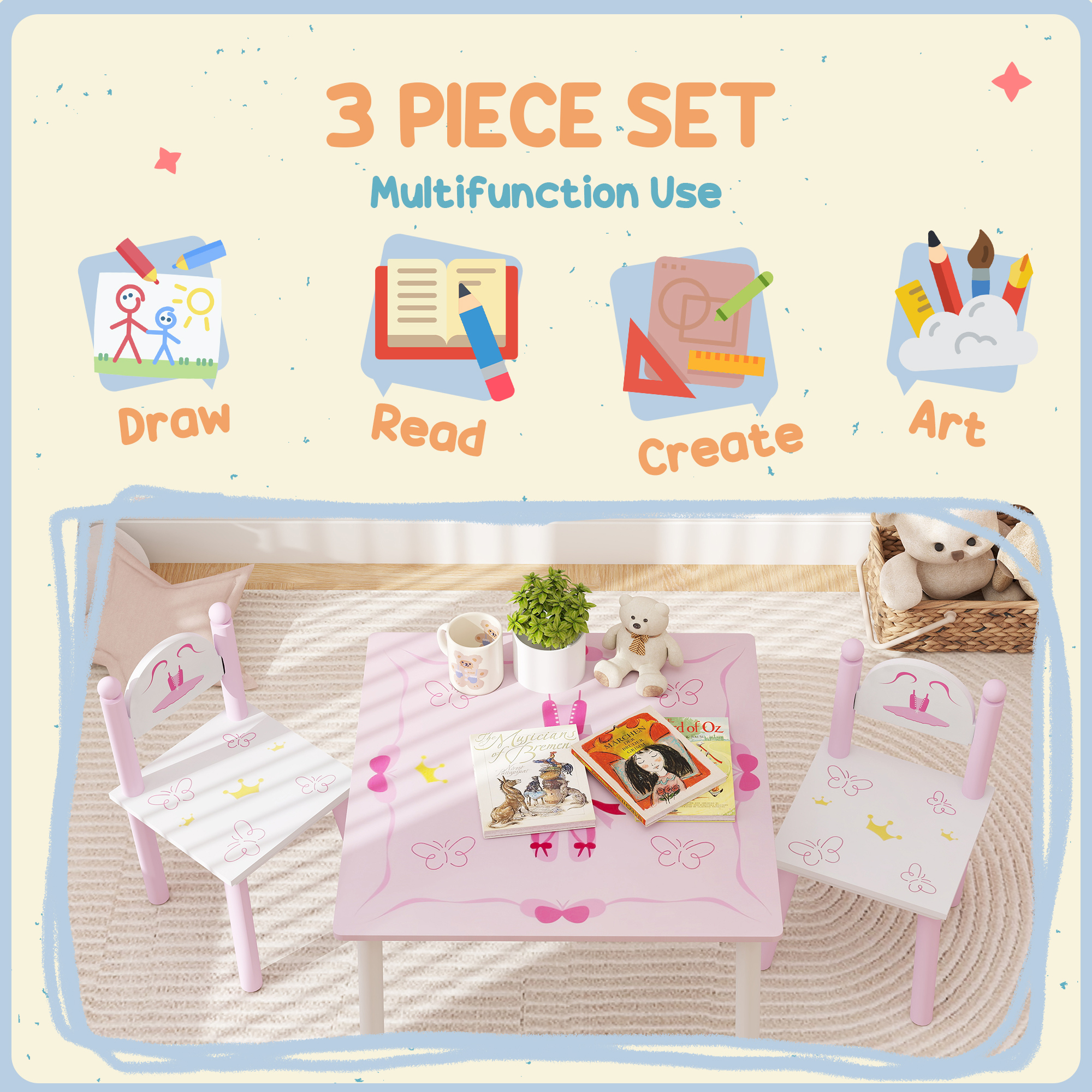 AIYAPLAY Princess Design Toddler Table and Chair Set for Activity, Art, Drawing, for Playroom, Nursery, Pink