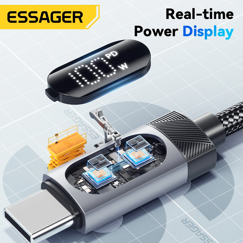 Cable Essager de 2m, 100W, tipo C a tipo C para iPhone 16, 15, Samsung, Huawei, PD, carga rápida para Macbook, iPad, Cable de pantalla Digital