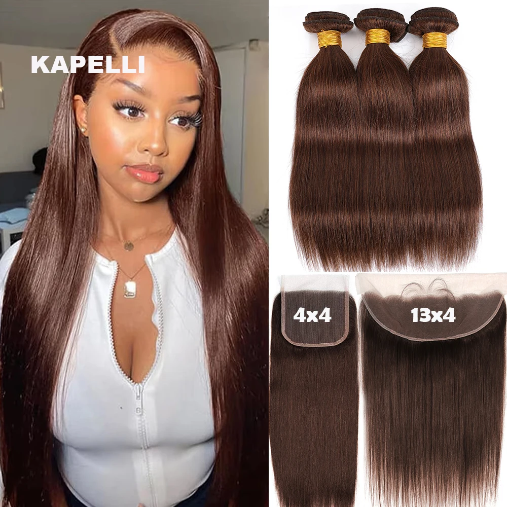 Paquete de tejido de cabello humano liso con cierre 4x4 13x4 mechones marrones brasileños frontales 3/4 100% extensión de cabello humano Remy