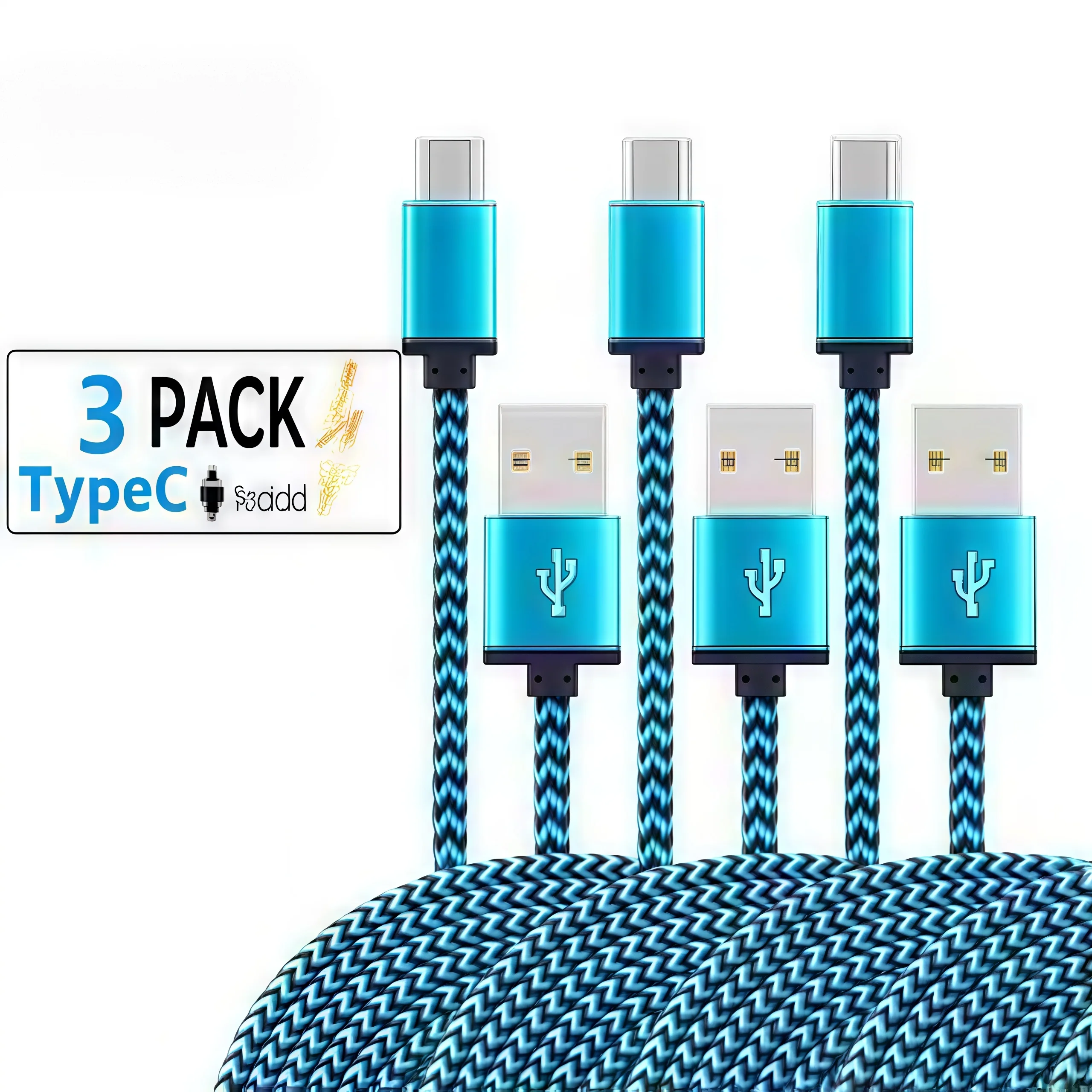 USB Type C Cable 2.4A Fast Charging & Data Sync, Nylon Braided 1M/2M/3M for Samsung Huawei Android Phones