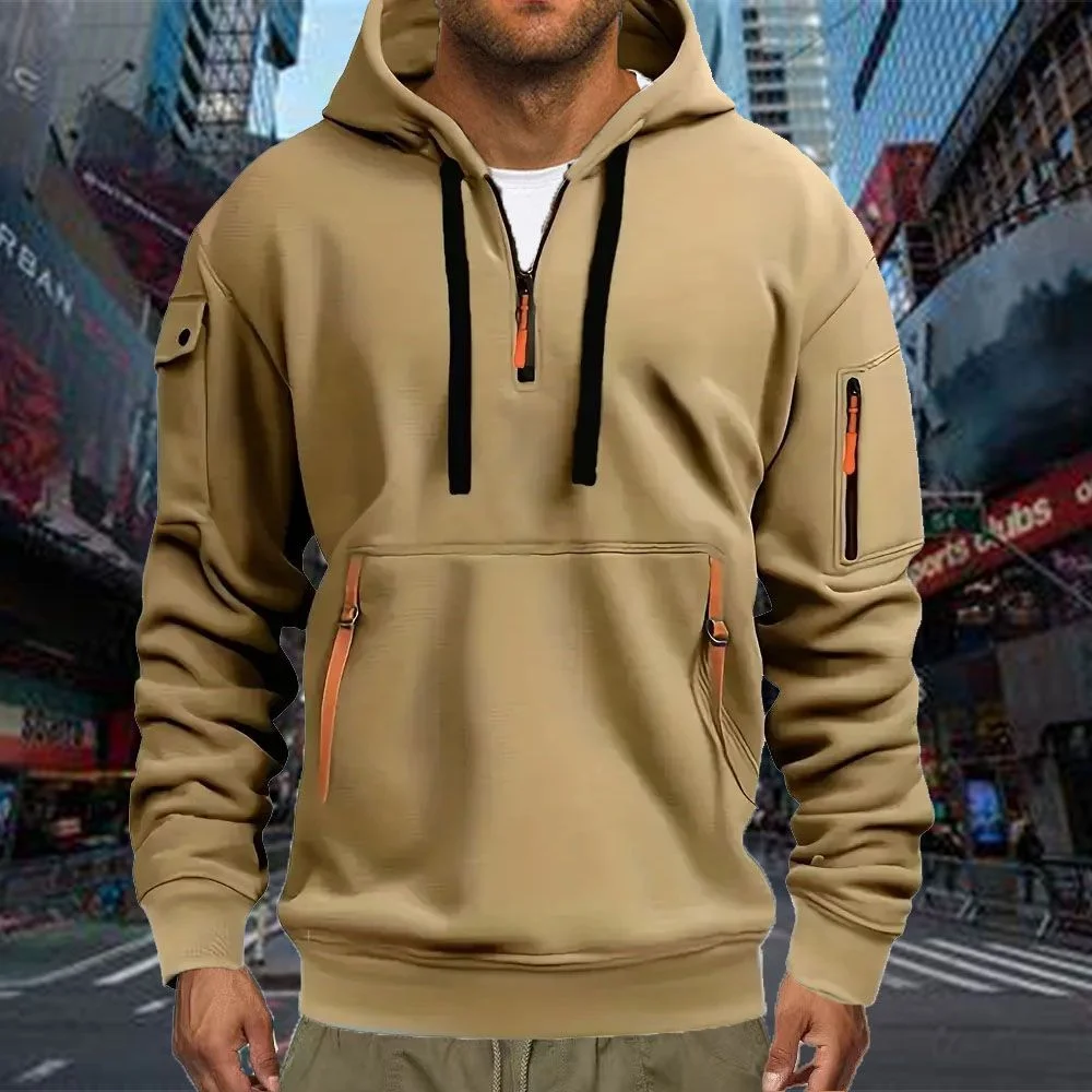 Moletom esportivo casual masculino primavera outono moda cor sólida pulôver de manga comprida com bolso no braço e corda de tração plus size