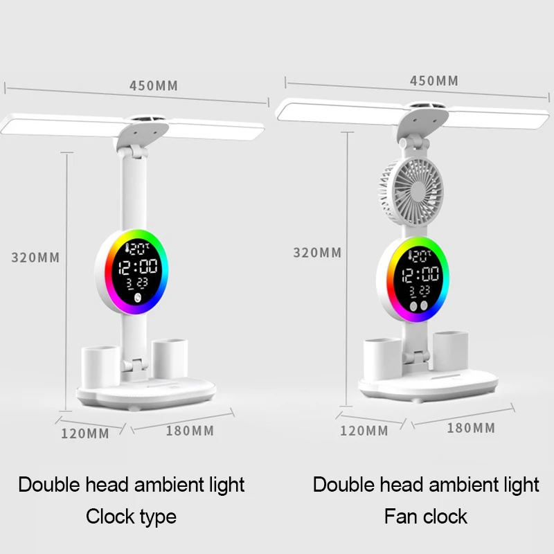 Wiederaufladbare LED-Tischlampe für Arbeitszimmer, Schreibtischlampe, Leselicht, LED-Nachtlicht mit Ventilator, LED-Uhr, Display, Lesen, Schreibtischleuchte