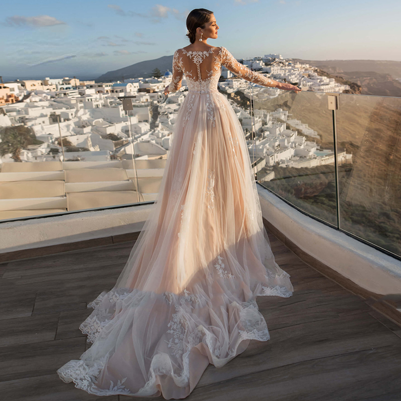 Wunderschönes abnehmbares 2-in-1-Hochzeitskleid mit bestickter Spitze auf Netz und Schleppe, Oneck-Vintage-Brautkleid mit langen Ärmeln, Vestido De Novia