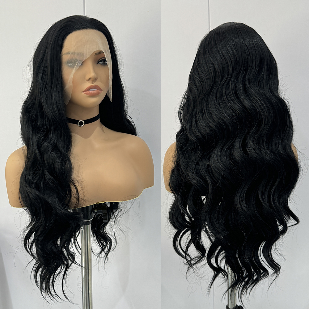 Perucas sintéticas pretas de renda para mulheres, cabelo comprido, corpo ondulado, fibra resistente ao calor, peruca sem cola, uso diário, cosplay