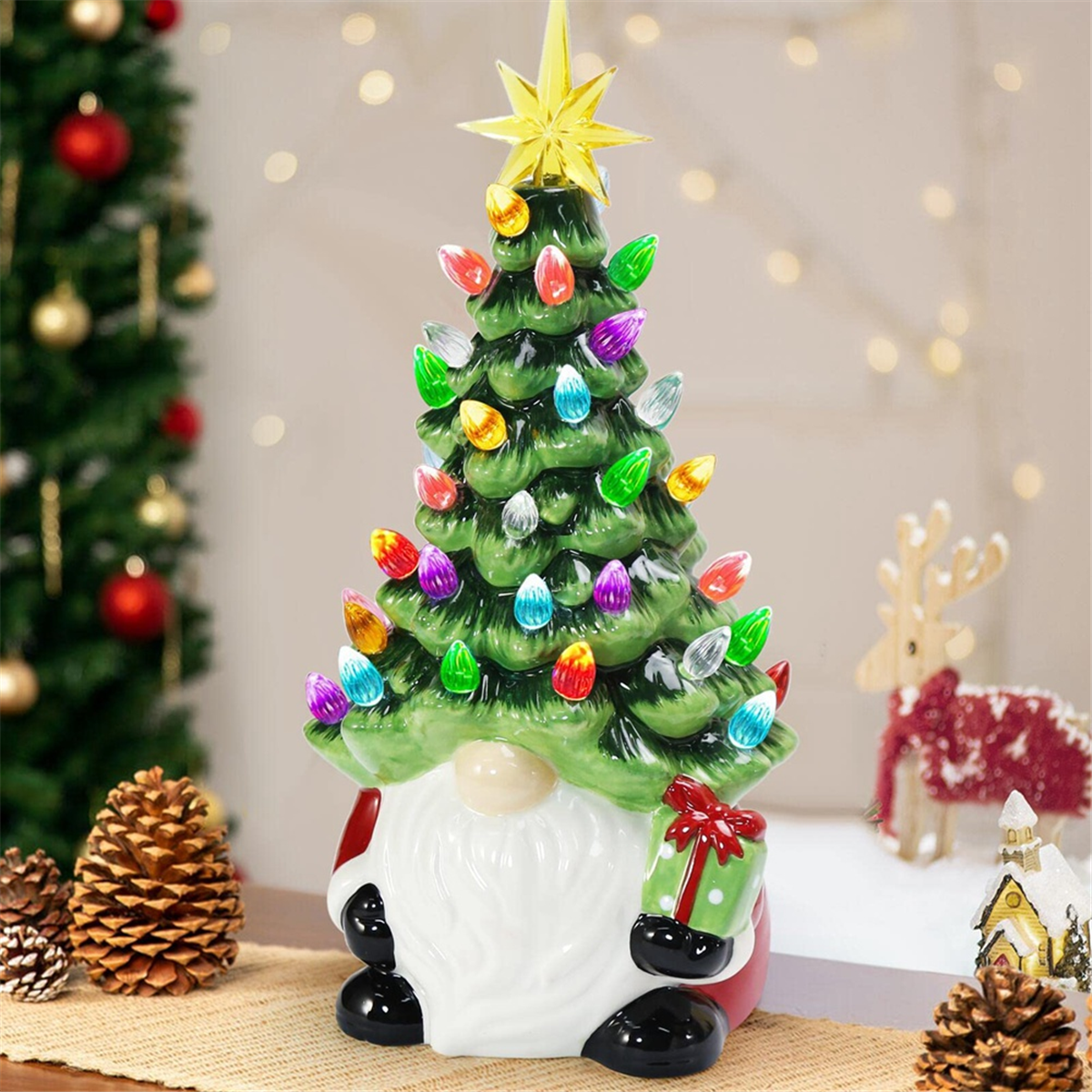 Decorações de Natal - Árvore de Natal de gnomos iluminados de 6,2 polegadas com luzes multicoloridas Pequena mini decoração de férias