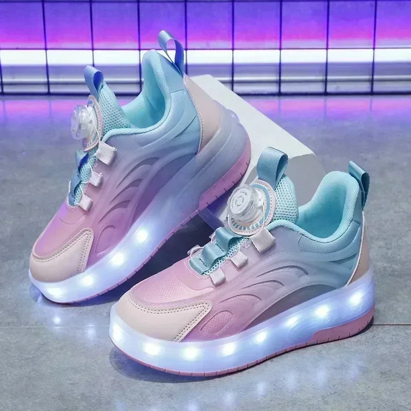男の子女の子子供 USB 充電式発光カジュアルスニーカー LED ライトホイール屋外パルクールローラースケートスポーツ
