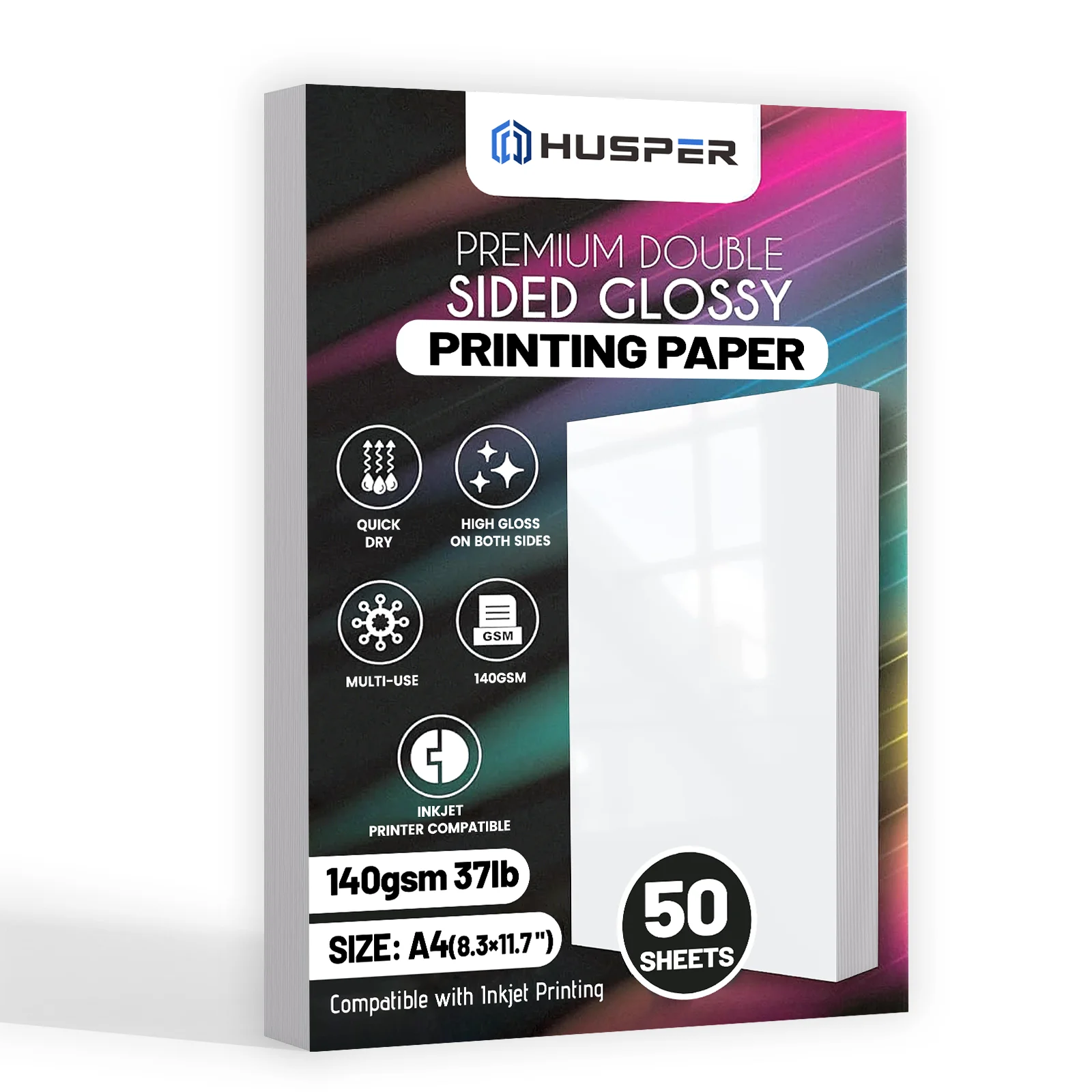 HUSPER A4 papier Photo Double face brillant 140 G/m2 50 feuilles Compatible jet d'encre papier d'impression Photo 37lb de haute qualité