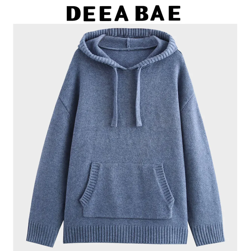 Deeabae estilo coreano roupas femininas novo solto rendas até com capuz manga comprida bolso canguru camada com nervuras malhas com capuz