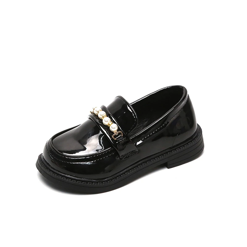 สาวรองเท้าหนังสําหรับโรงเรียนงานแต่งงานเด็กสีดําLoafers Slip-Onเด็กรองเท้าแฟชั่นสไตล์อังกฤษไข่มุกประดับด้วยลูกปัดใหม่
