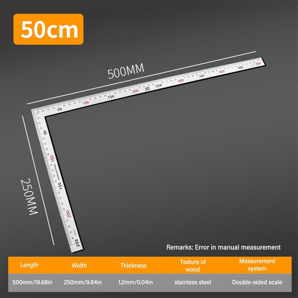 30/50CM Angle Square Ruler 90 Degree Right Angle Ruler Stainless Steel Triangle Ruler Woodworking Gauge Measuring Tool