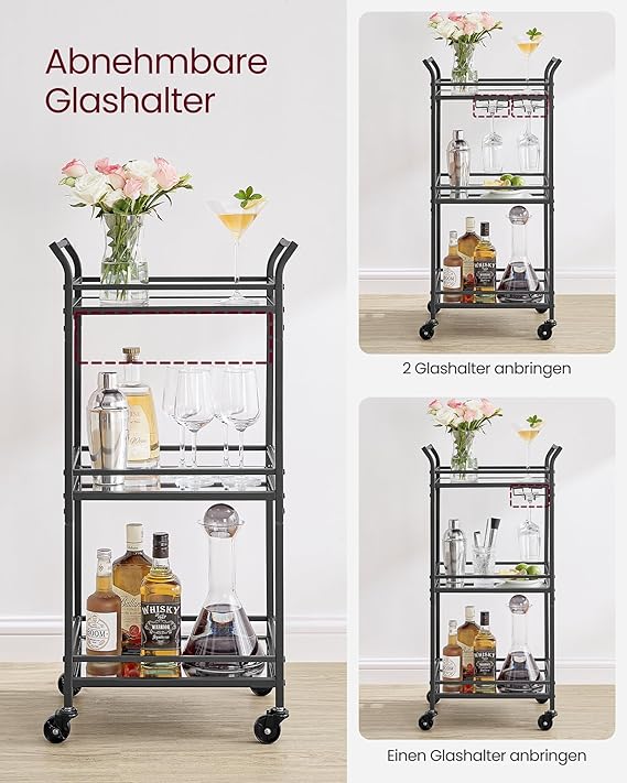 VASAGLE Servierwagen, kleine Barwagen mit 3 verspiegelte Glasablagen, 38 x 46,8 x 92 cm