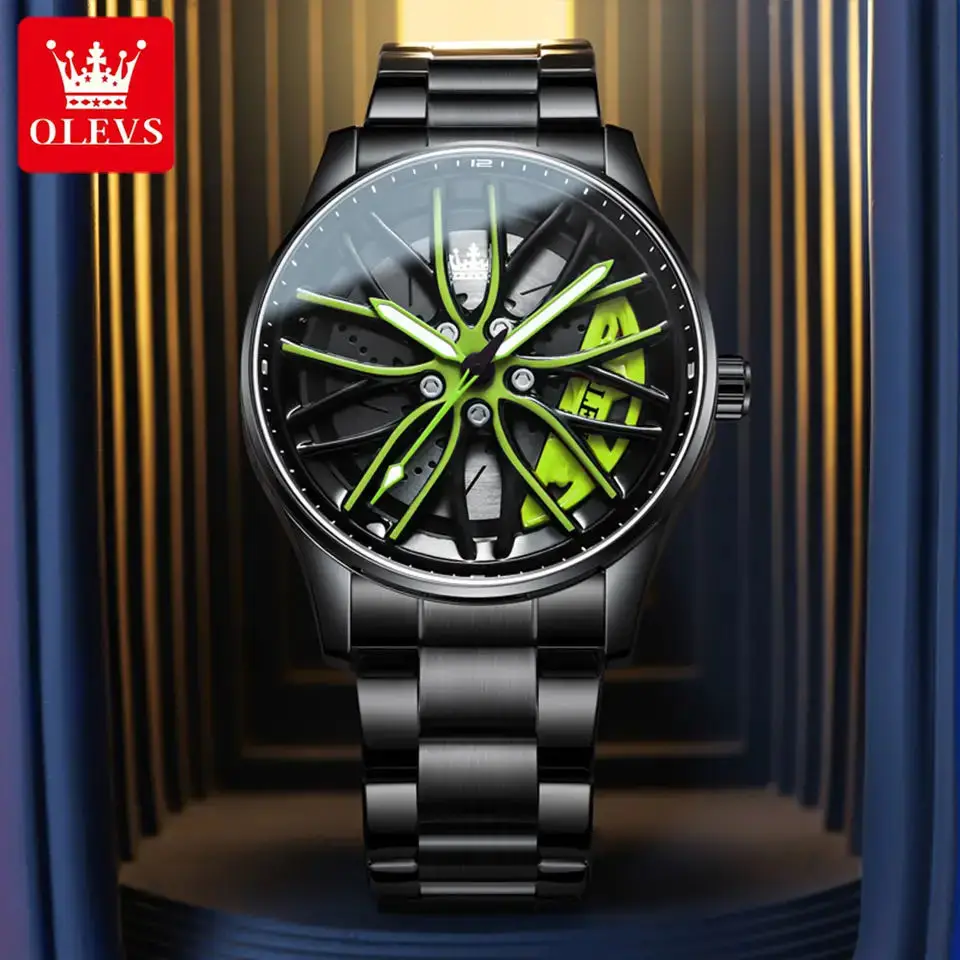 OLEVS Reloj para Hombre 360 °   Reloj de pulsera de cuarzo para hombre, esfera giratoria, llanta de coche deportivo, cubo de rueda, resistente al agua, luminoso, de acero inoxidable