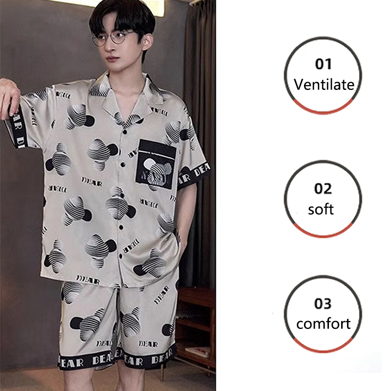 Große Größe Männer Pyjamas Set Eis Seide Cartoon Bär Kurzarm Student Zwei-Stück Strickjacke Revers Smiley Buchstaben 3xl Code Pyjamas