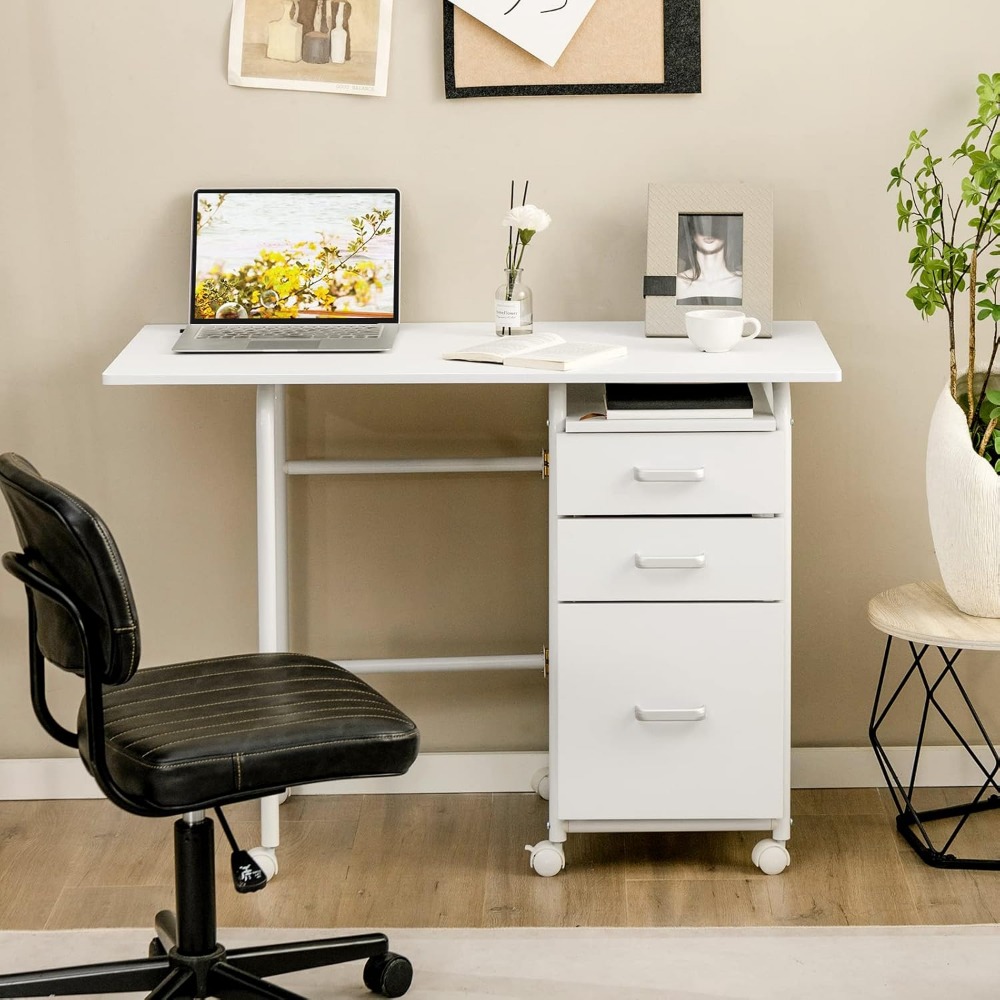 White Folding Desks with 3 Drawers, Mobile Home Office Desks Study Writing Desk with Smooth Wheels, Space Saving Compact Desk