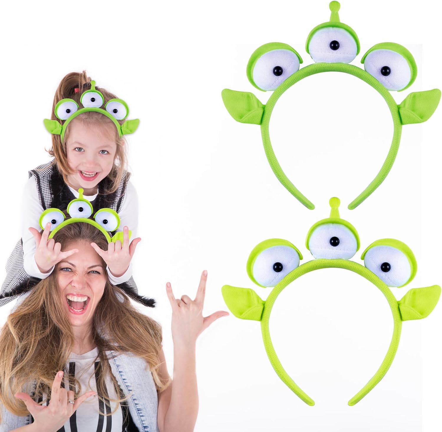2 Pack Parent-Child Interactive Three-eyed Alien Party Headbands Set,  Green Monster , Halloween Costume,birthday decoration