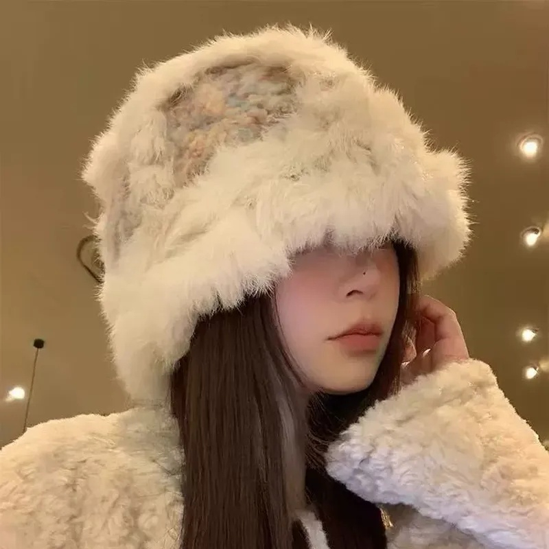 2024 neue Echt Kaninchen Fell Wolke Gestrickte Lion Dance Hut Frauen Winter Warme Flauschigen Alle-Spiel Becken Hut gesicht-Schlankheits Weihnachten Geschenk