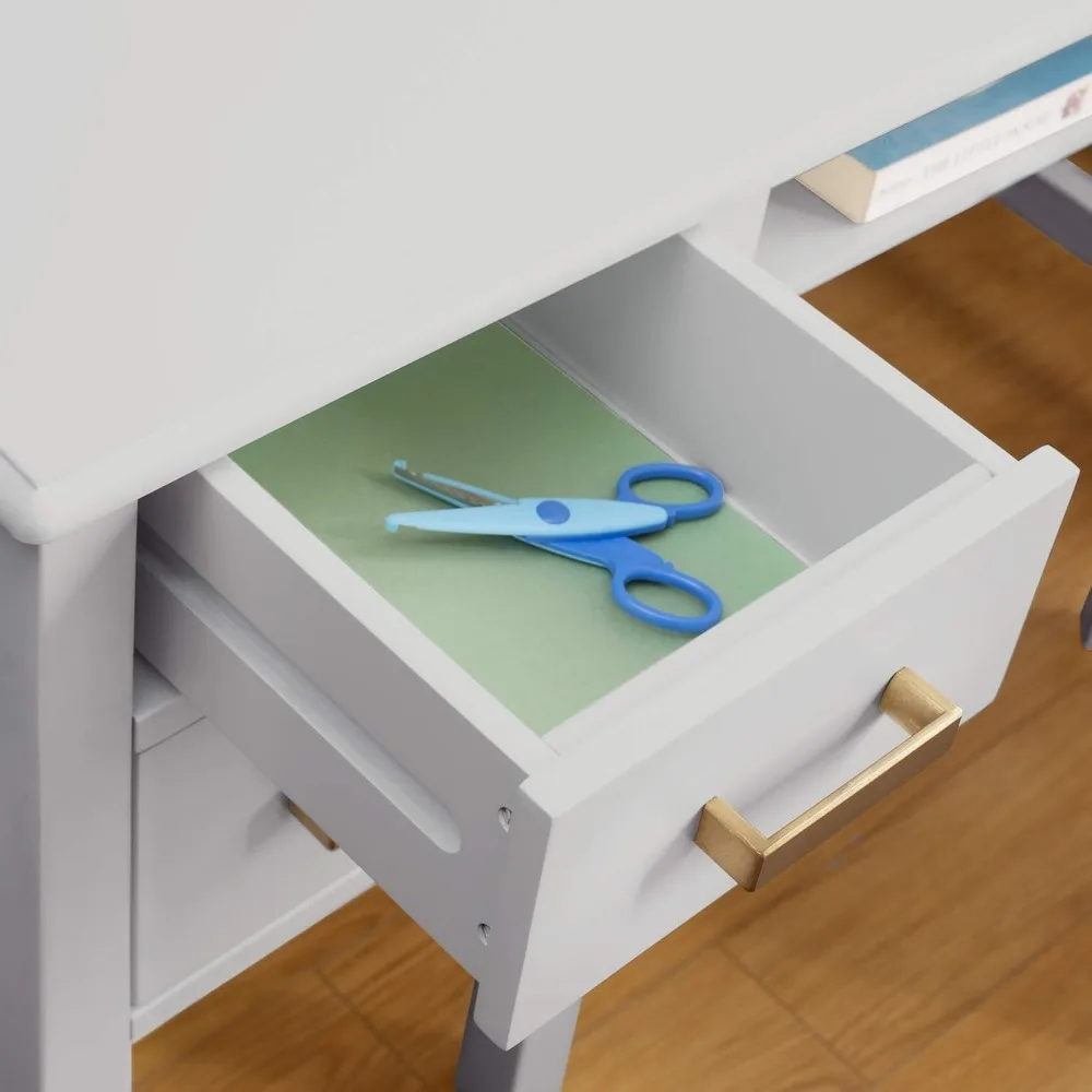 Taiga Desk, Hutch and Chair - Gray: Kids Wooden Computer Study Desk Set with Storage Shelves, Corkboard, and Drawers |Children's