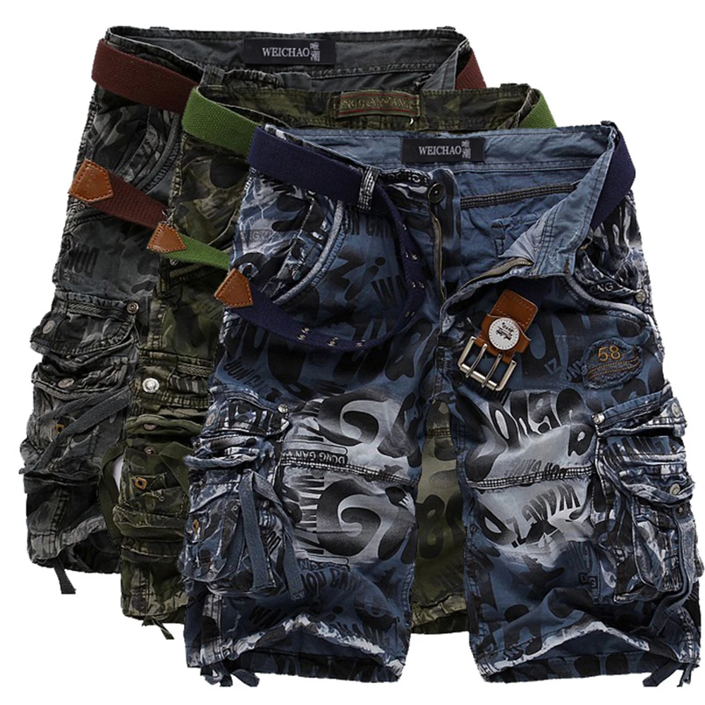 Calções de trabalho estampados com camuflagem masculina, bolso múltiplo, com zíper, botão, combate militar, diário, casual, rua, verão