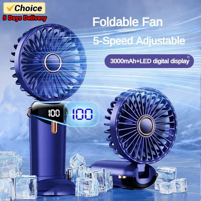 Mini ventilador de mano de 3000mAh, ventiladores portátiles plegables para colgar en el cuello, ventilador recargable por USB de 5 velocidades con soporte para teléfono y pantalla de visualización