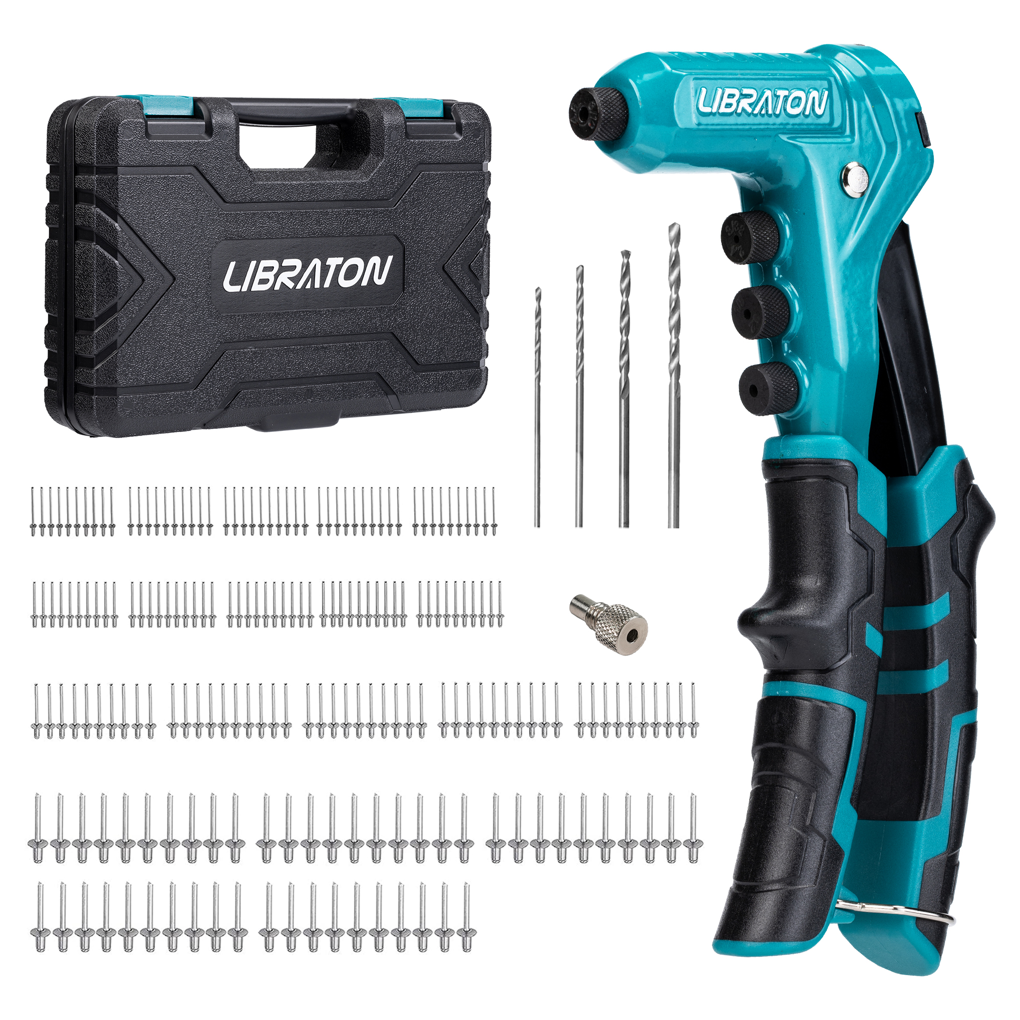 Libraton pistola de rebite de uma mão pop conjunto de arma de rebite profissional mão rebitador manual ferramenta de rebitagem com 200 rebites para metal