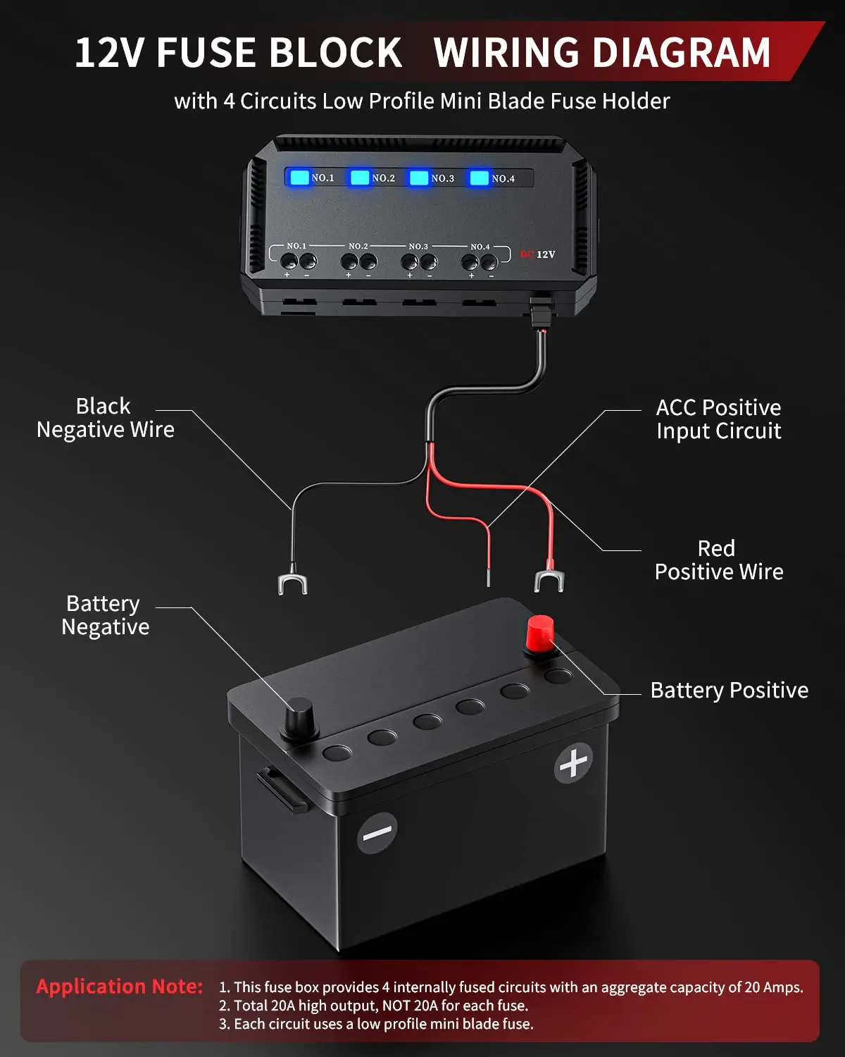 Anchtek 12V オートバイヒューズボックスユニバーサル自動車ヒューズブロック 4 回路ロープロファイルミニブレード LED インジケータヒューズホルダー