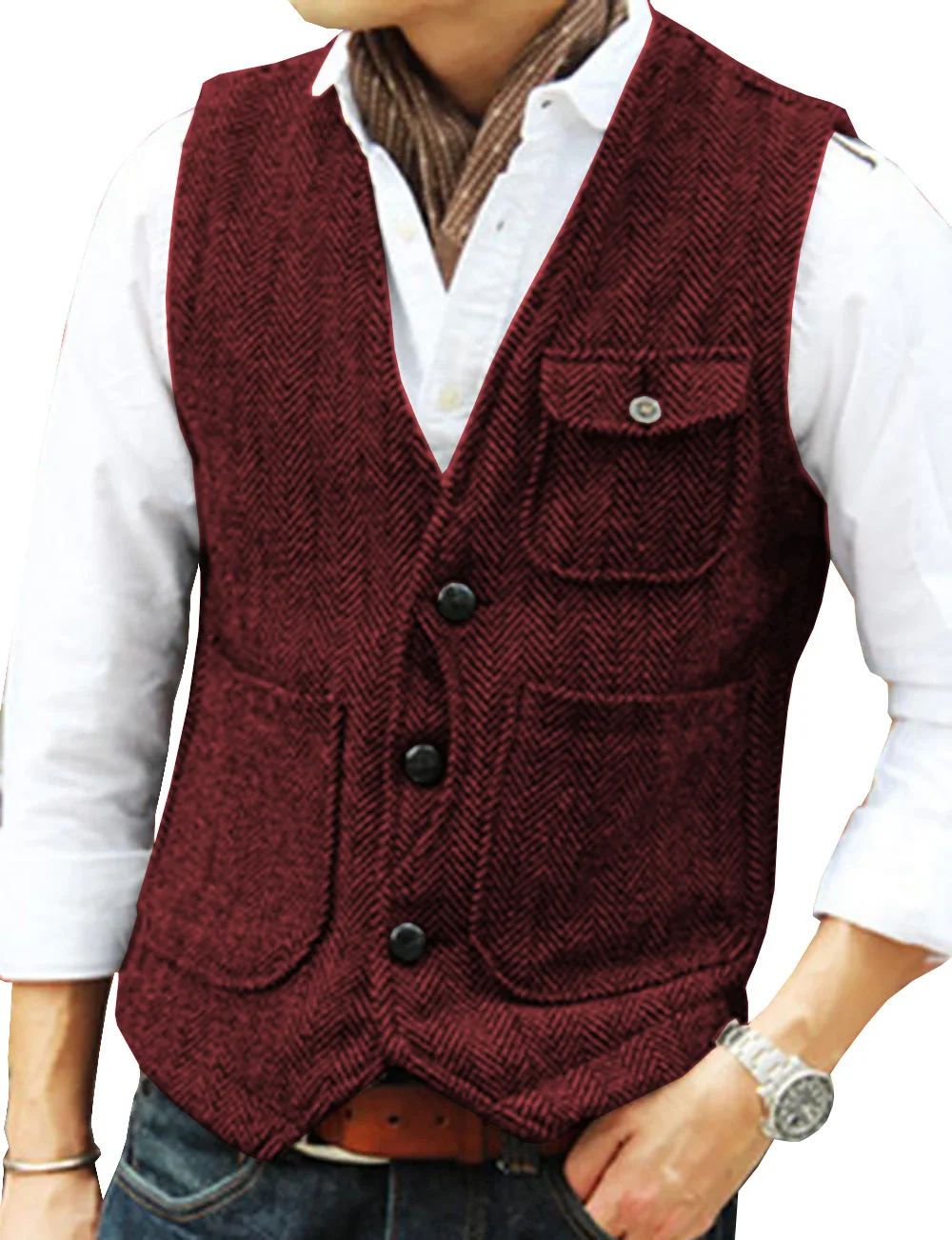 Herringbone ชายเสื้อสูทธุรกิจเสื้อกั๊ก Herringbone Tweed V คออย่างเป็นทางการเสื้อกั๊กสําหรับงานแต่งงานหรือ Tuxedo ชายเสื้อกั๊ก