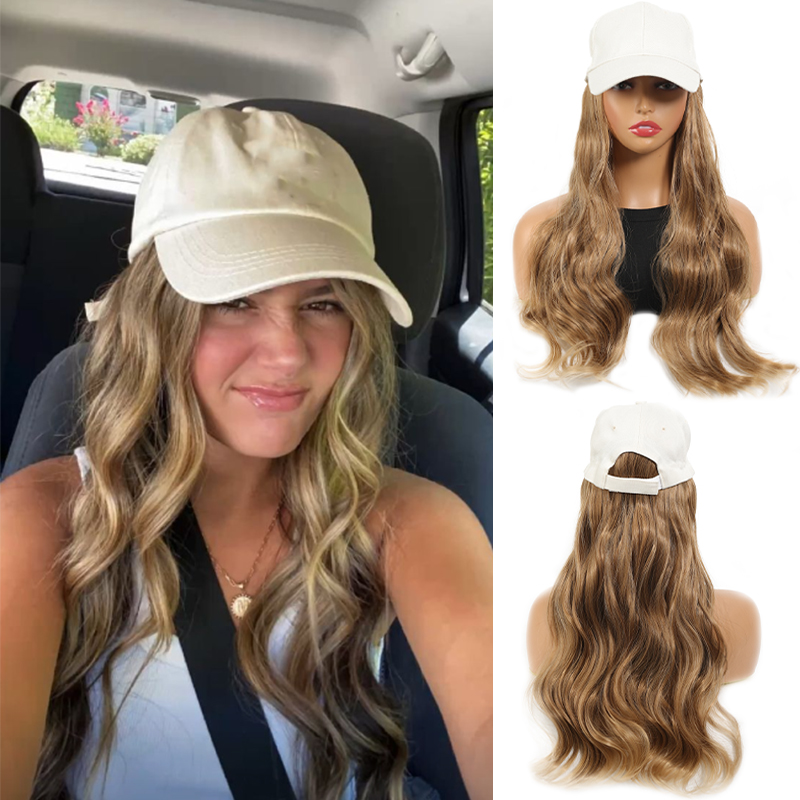 Off white duckbill cap large wave wig synthetic wig for women easy to wear and adjustable size for daily use