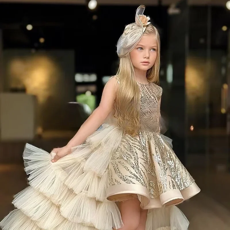 Robe de soirée pour filles, sans manches, paillettes, broderie, Tulle à plusieurs niveaux, ourlet asymétrique, robe de soirée formelle, Costume de concours pour enfants