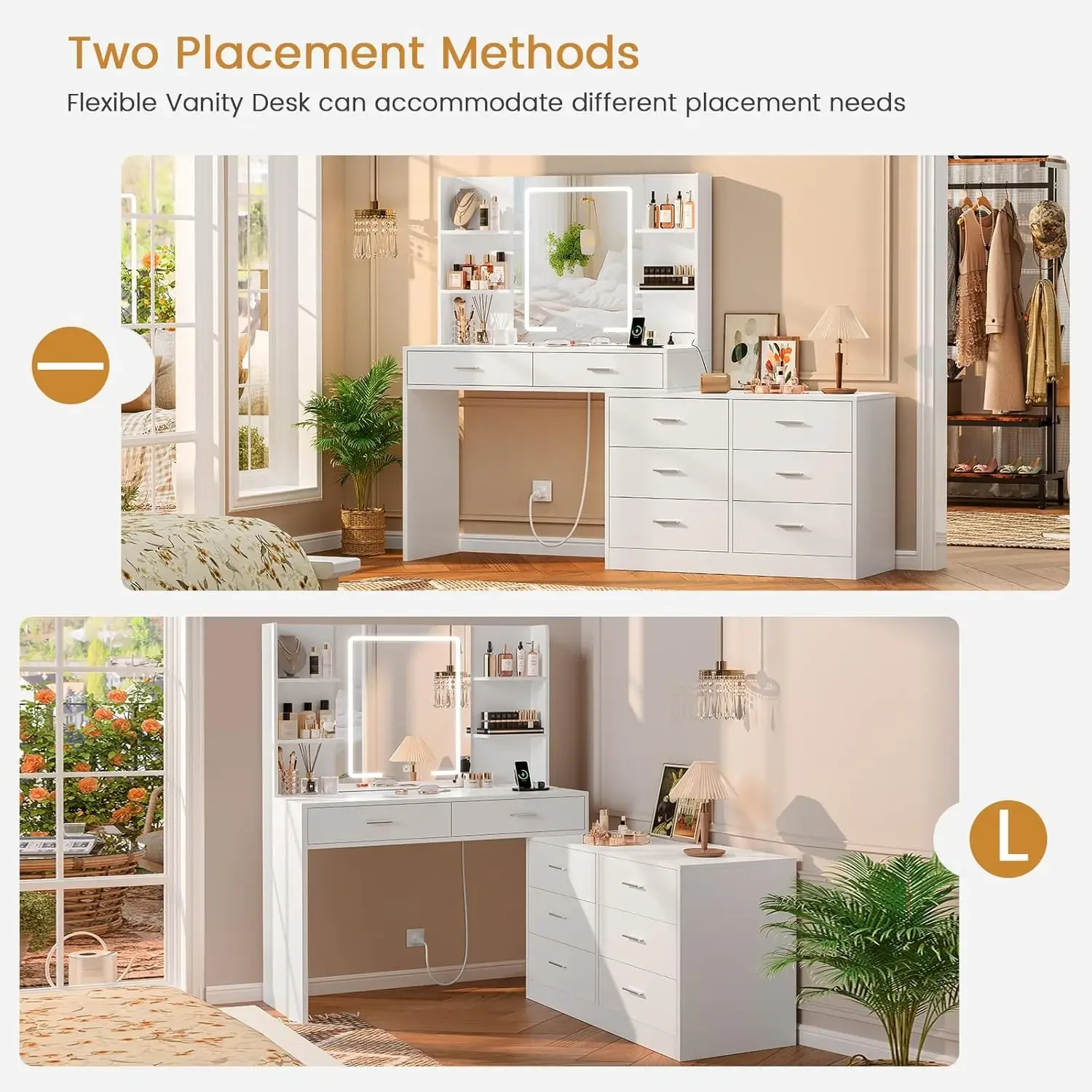 65.9'' Vanity Desk with LED Lighted Mirror & Power Outlet, Modern Corner Makeup Vanity Table with 8 Drawers, Makeup Room