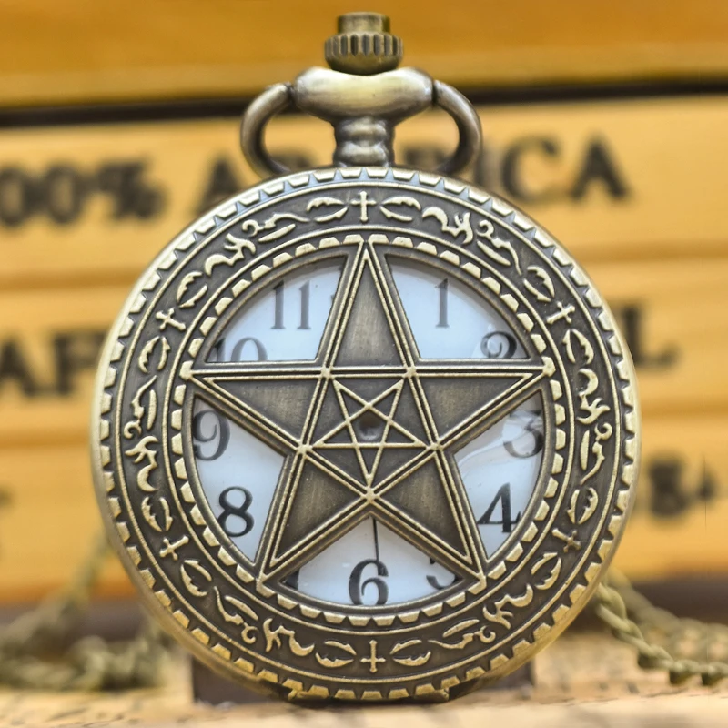 Vintage brązowy z klapką Pentagram Hollow rzeźba mężczyzna i kobieta prezent dla studentów kwarcowy naszyjnik zegarek kieszonkowy