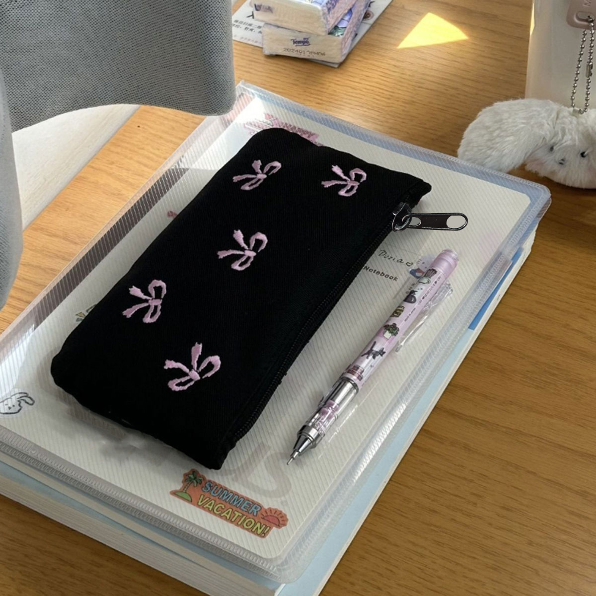 Black bow embroidery pen bag High appearance level Cosmetic storage bag Simple ins cosmetic bag 1 pack (zipper direction random)