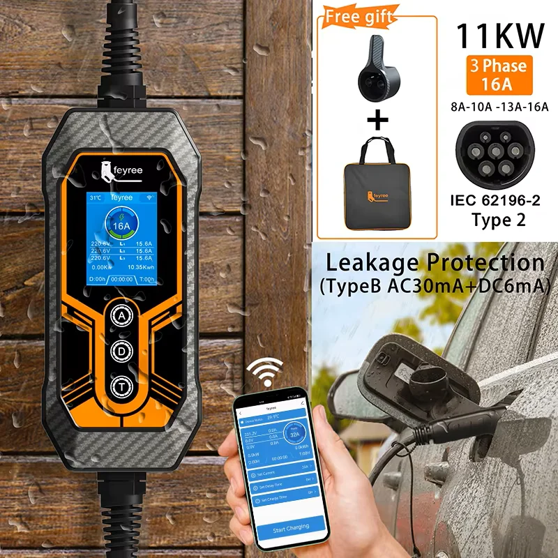 Feyree Tragbares EV-Ladegerät Typ2 11 kW 16 A 3-Phasen-WLAN-APP Bluetooth-Version EVSE-Ladekabel 5 m CEE-Stecker für Elektroauto