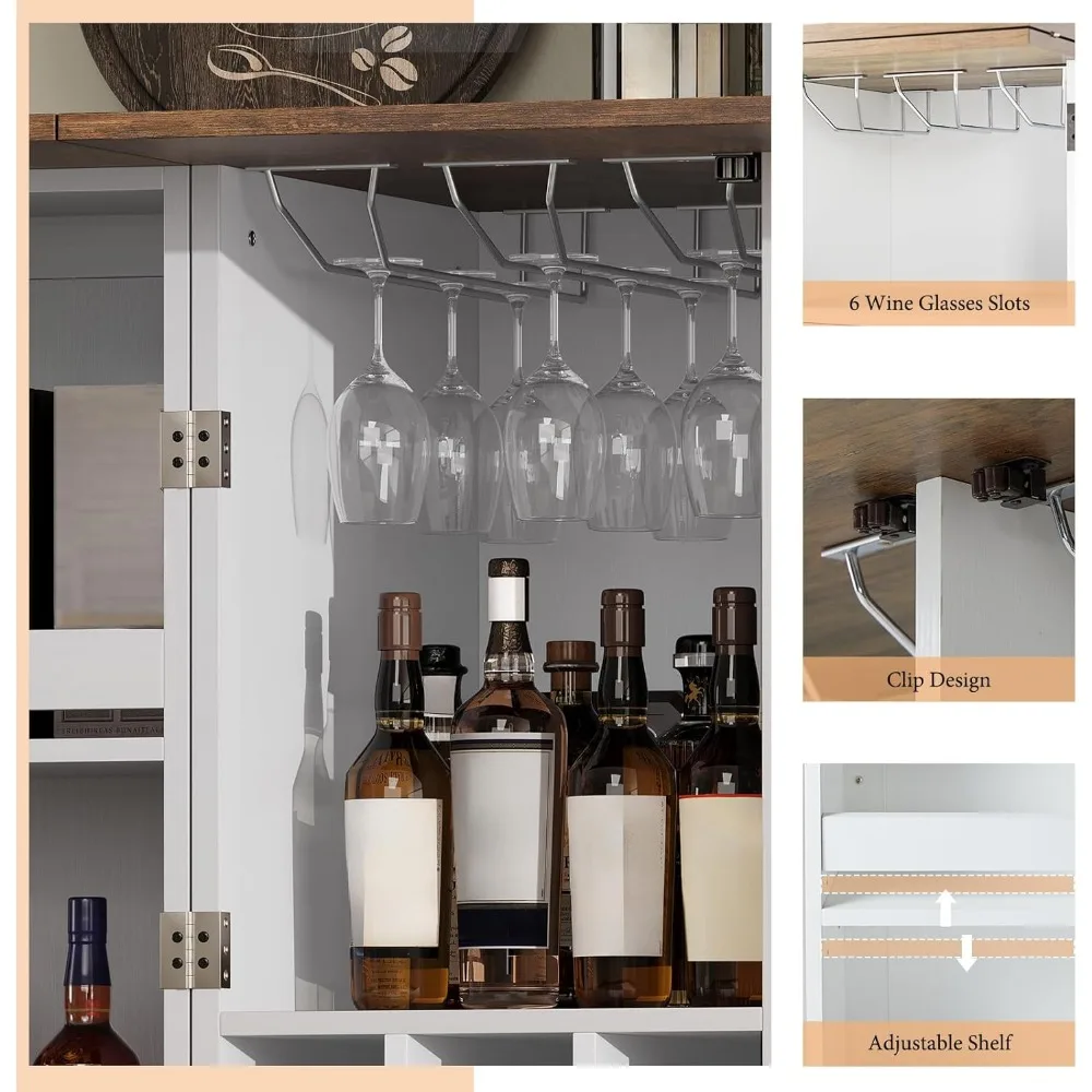 61" Farmhouse Bar Cabinet with 9 Wine Racks, Folding Storage Wine Liquor Cabinet, Expandable Coffee Bar Station with Drawer