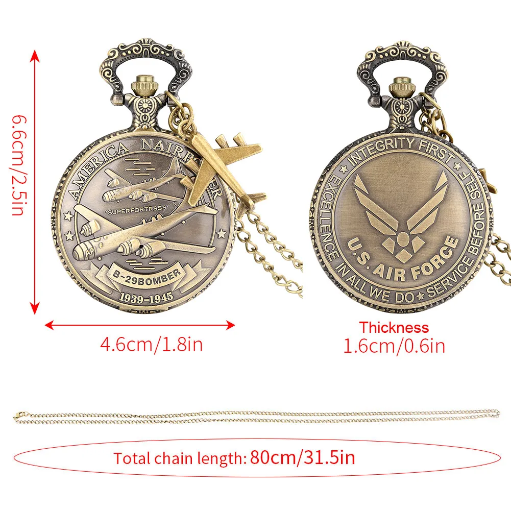Retro Air Force Kämpfer Taschenuhr Quarz Flugzeug Zubehör Anhänger Uhren mit Halskette Bronze Uhr Geschenk Kämpfer Enthusiasten