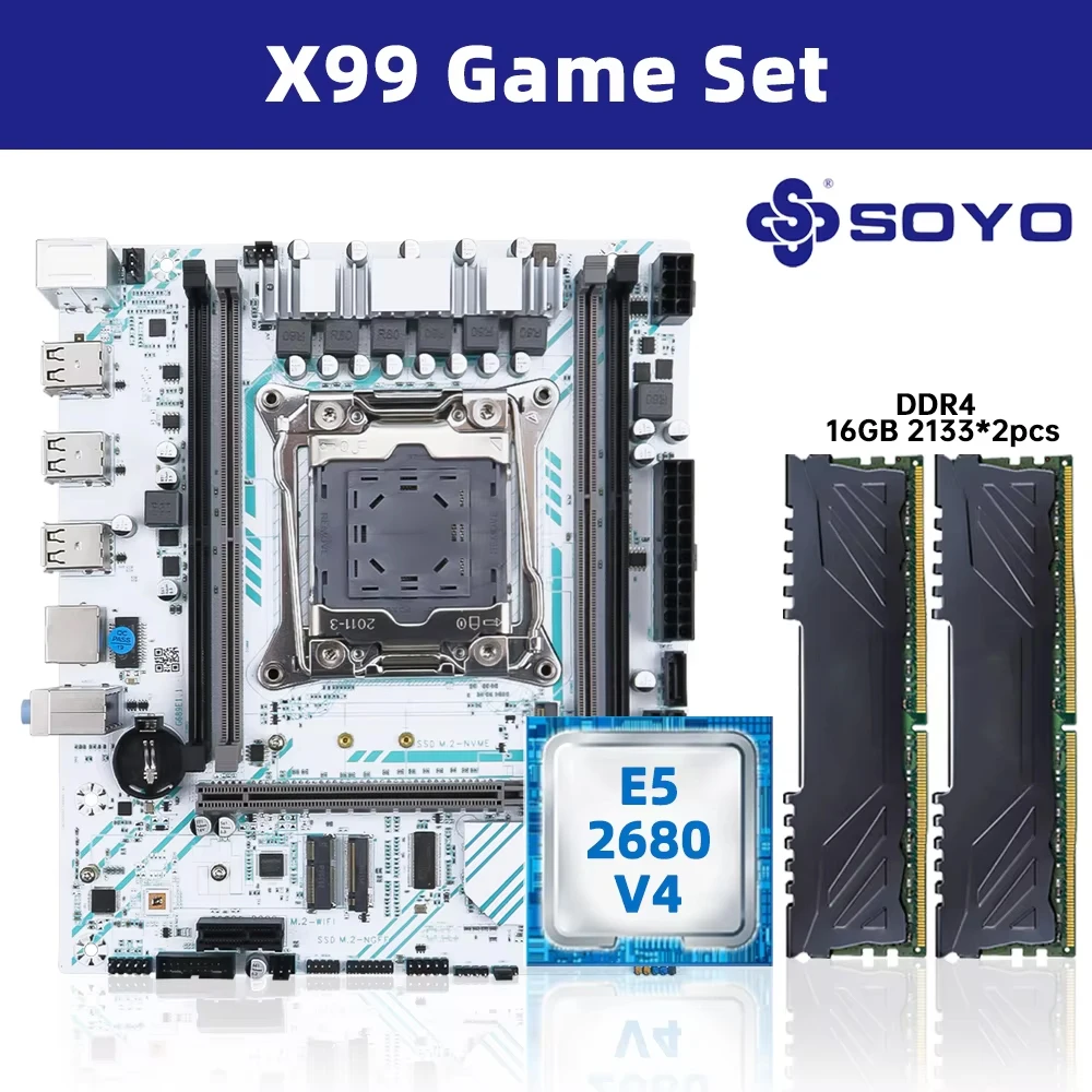 SOYO X99 placa base LGA 2011-3 Set Kit Xeon E5 2680 V4 CPU procesador 32G = 2*16G DDR4 REG ECC memoria RAM M.2 nombre para computadora