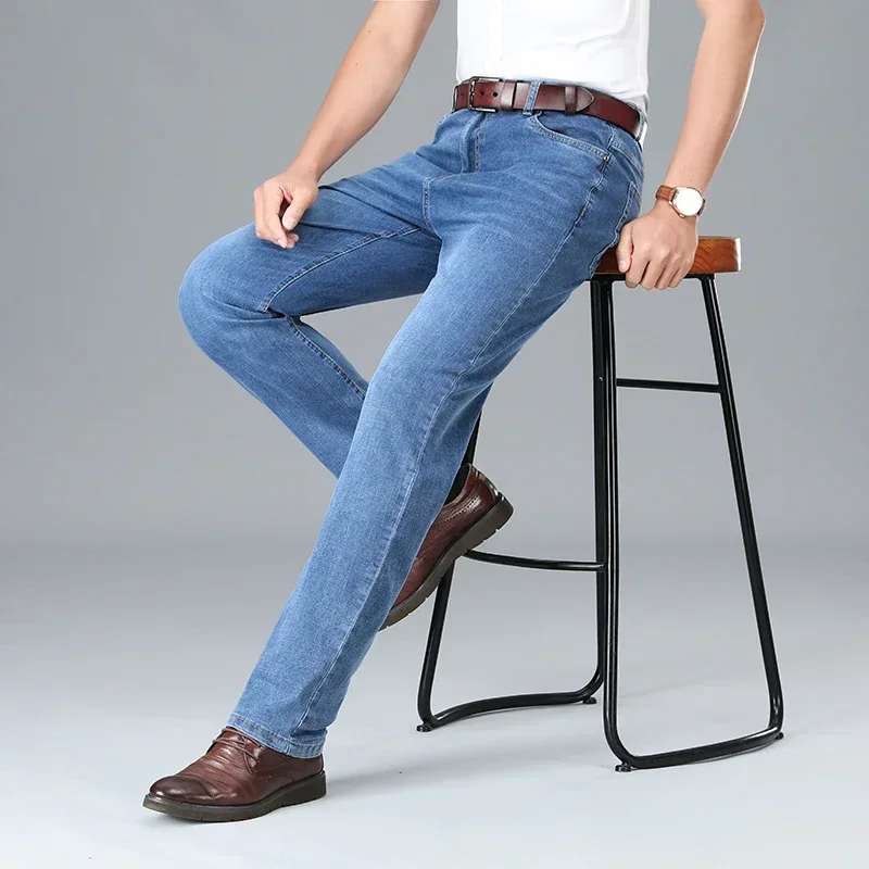 Pantalones vaqueros elásticos de algodón para hombre, Material fino o grueso, moda gris, cómodos, informales, de negocios, de cintura alta, 2024