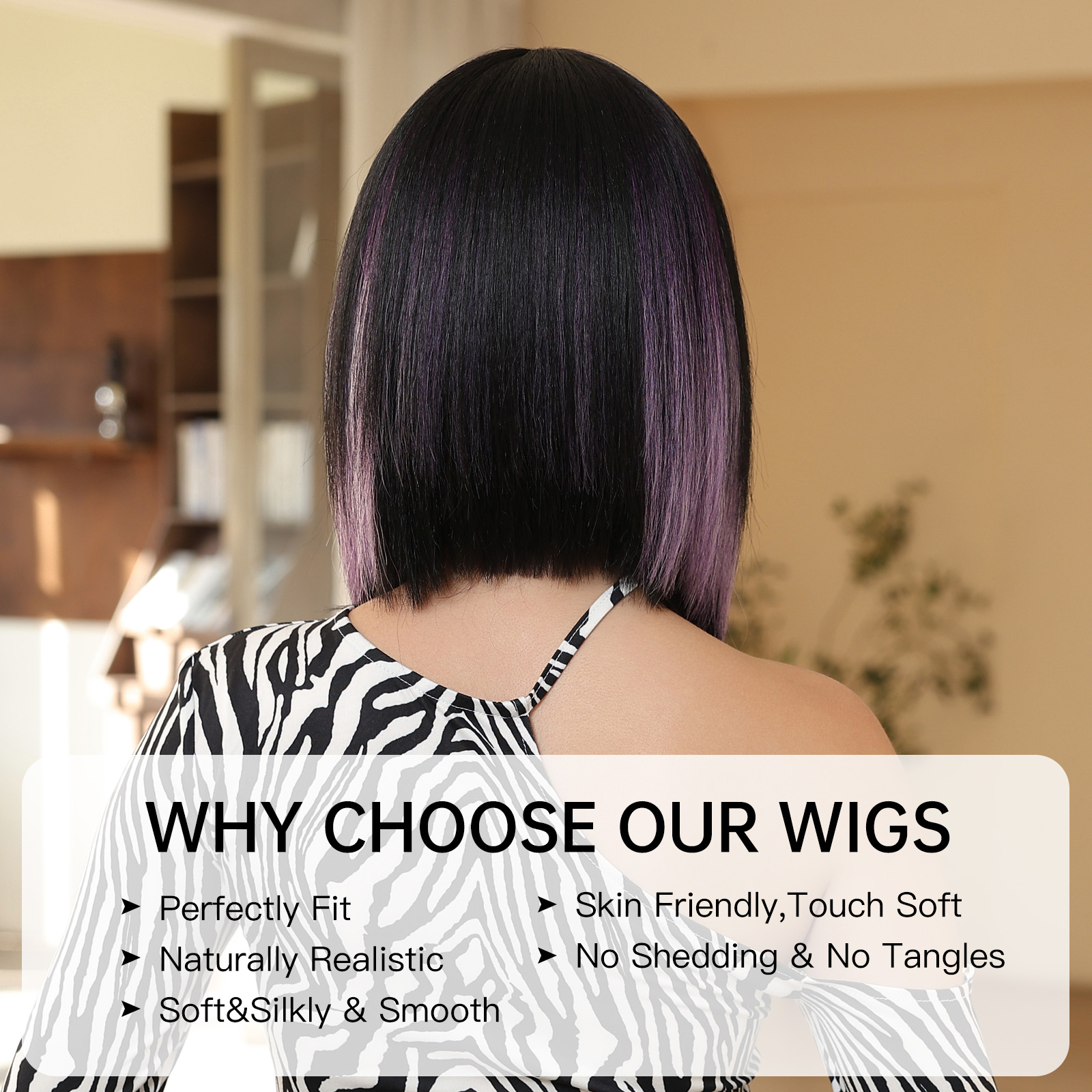 Louis ferre-女性のための短いストレートボブ合成ウィッグ、フリンジ付きの自然な髪、コスプレパーティー、オンブル、ブラック、パープル