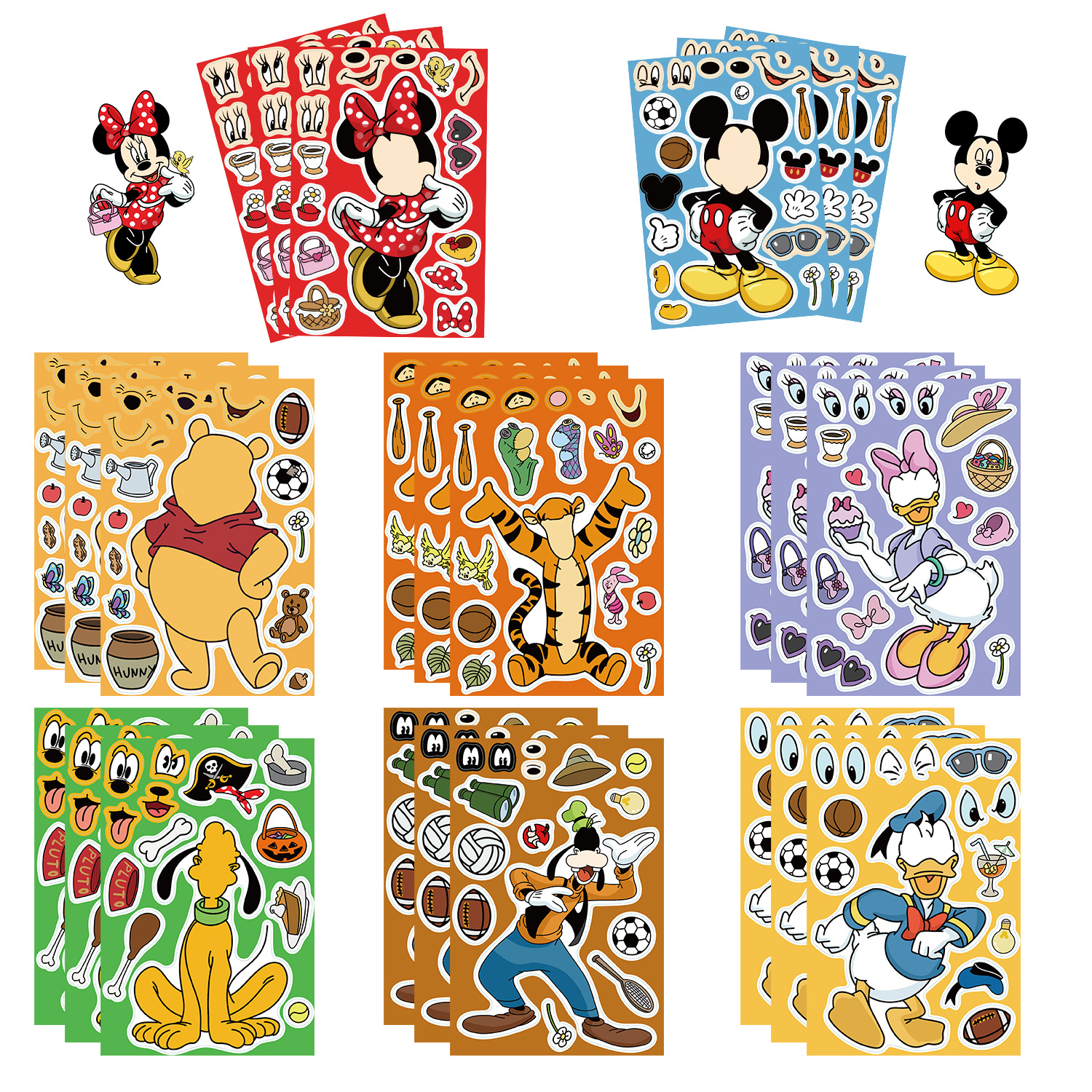 8 folhas disney fazer um rosto quebra-cabeça adesivos mickey minnie pato donald crianças montar brinquedos de quebra-cabeça crianças engraçado jogo festa presente