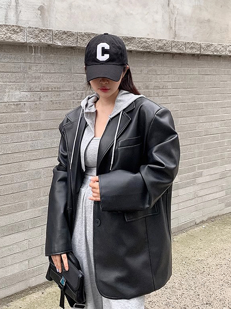 シックな秋冬ヴィンテージレジャー長袖 Pu レザージャケット女性の 2 ボタンスーツの襟アウターカジュアル多用途